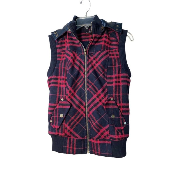 NIKIBIKI‎ plaid zip up hooded black & red vest Sz L - Picture 1 of 11